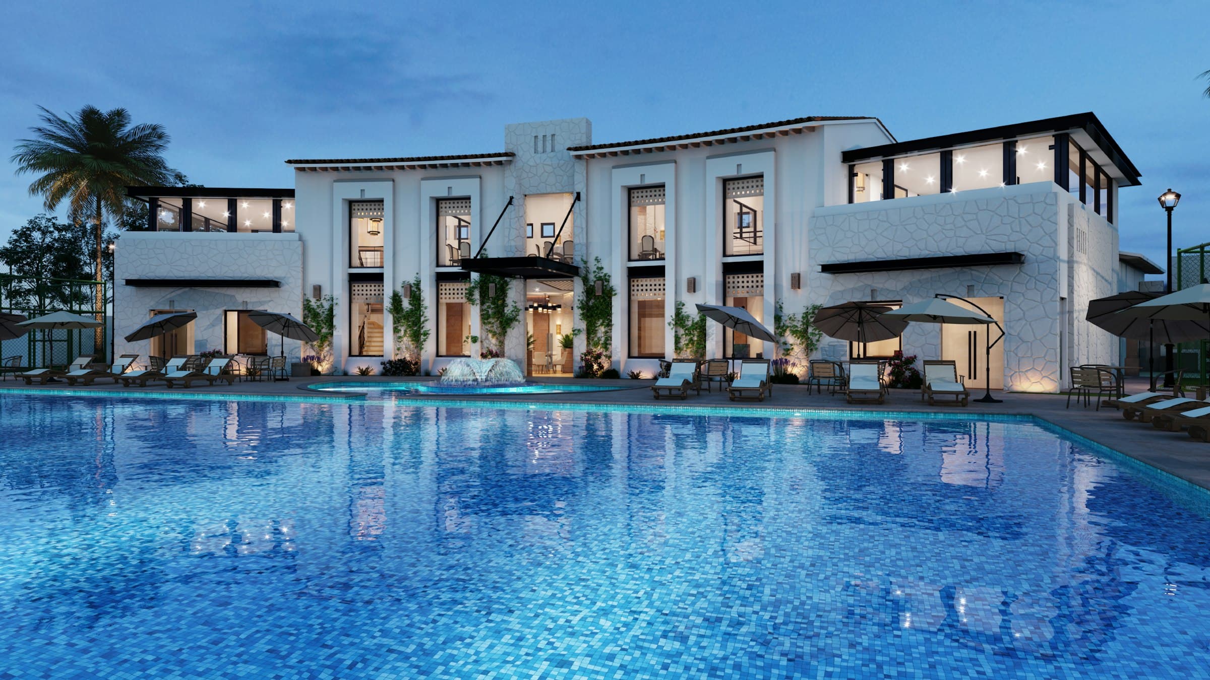 Luxury Middle East hotel and residence architecture with illuminated pool