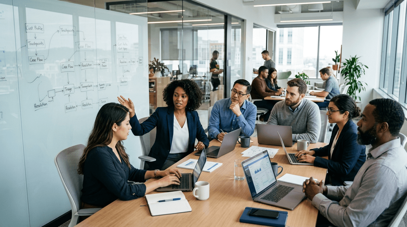 Account teams and architects collaborating on customer workflows in a contemporary office