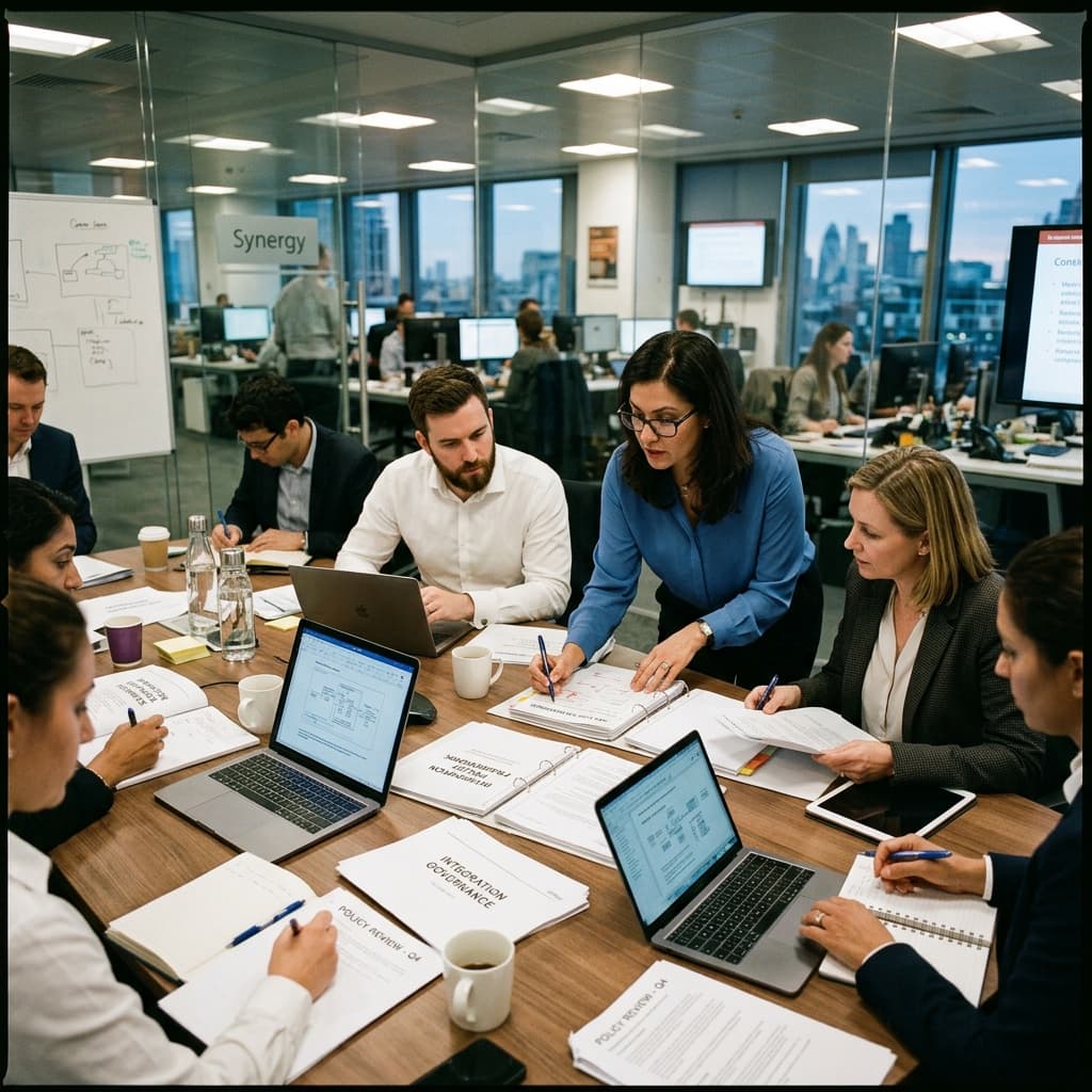 Enterprise system architects and business professionals reviewing integration policy and governance documents around a conference table.