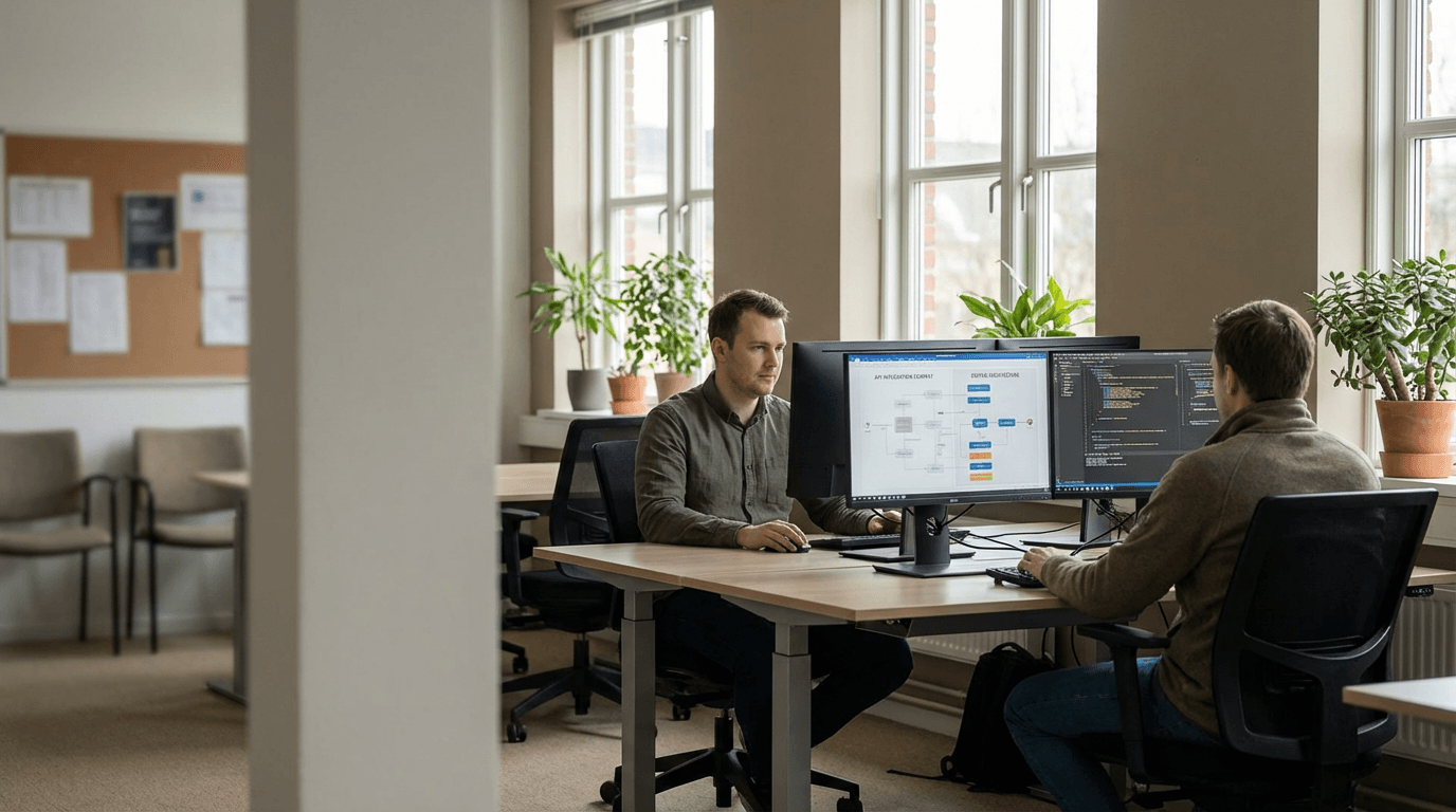 Integration engineers at workstations architecting APIs and event flows